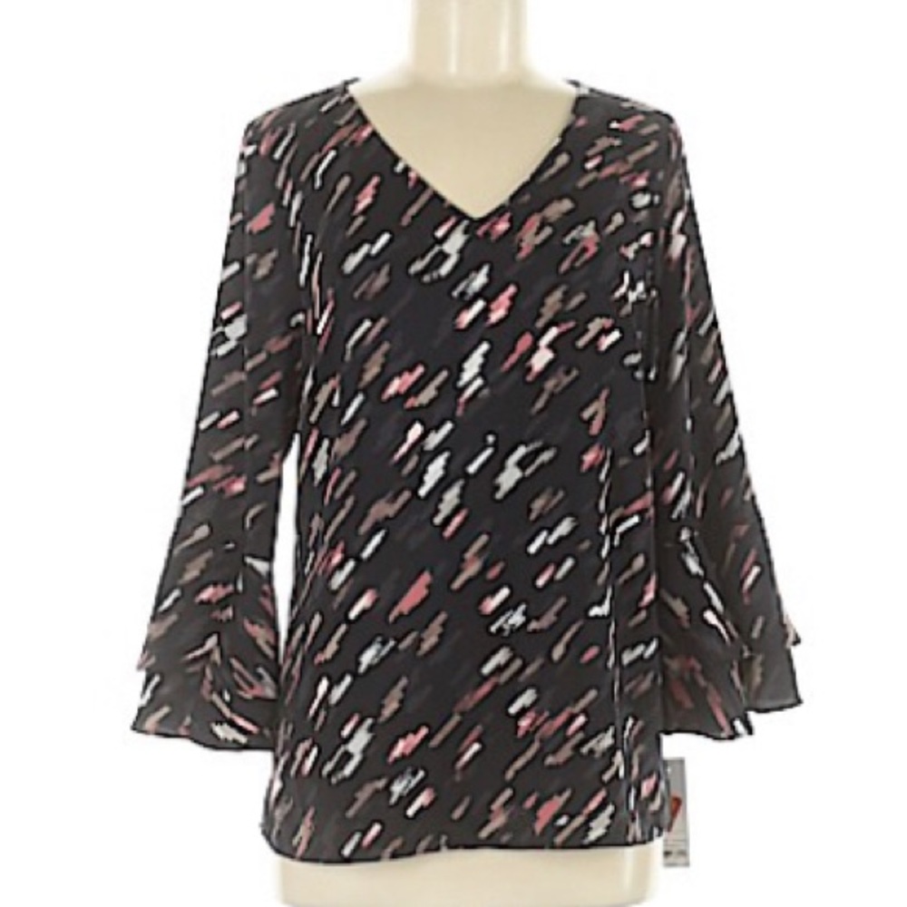 NWT Apt. 9 Woman’s Blouse Bell Sleeves Pink White Tan and Gray Splashes on Black